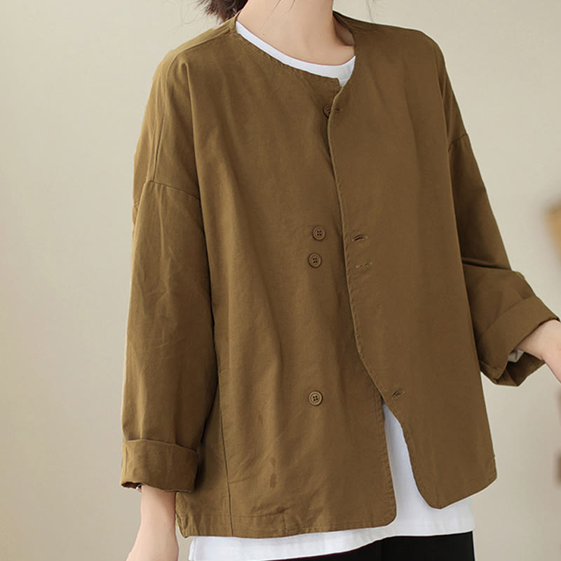 Buddha Stones Spring Plain Asymmetry Design Long Sleeve Women's Cotton Linen Jacket With Pockets - DarkGoldenrod - US12，UK/AU16，EU44 (2XL) - image 6