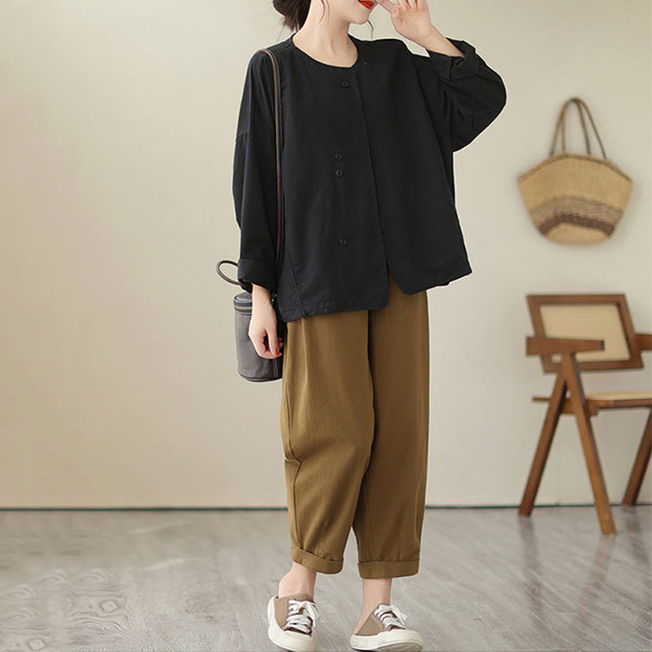 Buddha Stones Spring Plain Asymmetry Design Long Sleeve Women's Cotton Linen Jacket With Pockets - image 25