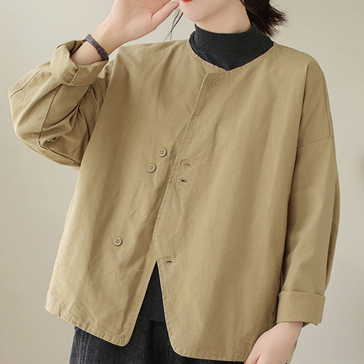 Buddha Stones Spring Plain Asymmetry Design Long Sleeve Women's Cotton Linen Jacket With Pockets - PaleGoldenrod - US12，UK/AU16，EU44 (2XL) - image 1