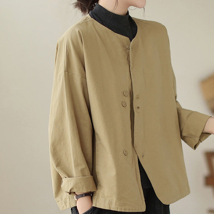 Buddha Stones Spring Plain Asymmetry Design Long Sleeve Women's Cotton Linen Jacket With Pockets - image 3