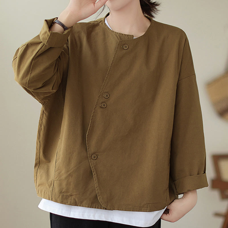 Buddha Stones Spring Plain Asymmetry Design Long Sleeve Women's Cotton Linen Jacket With Pockets - image 7