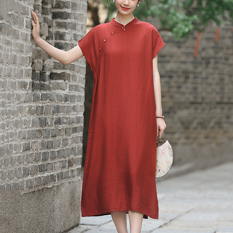 Buddha Stones Plain Cheongsam Lace-Up Design Cotton Linen Short Sleeve Midi Dress - image 7