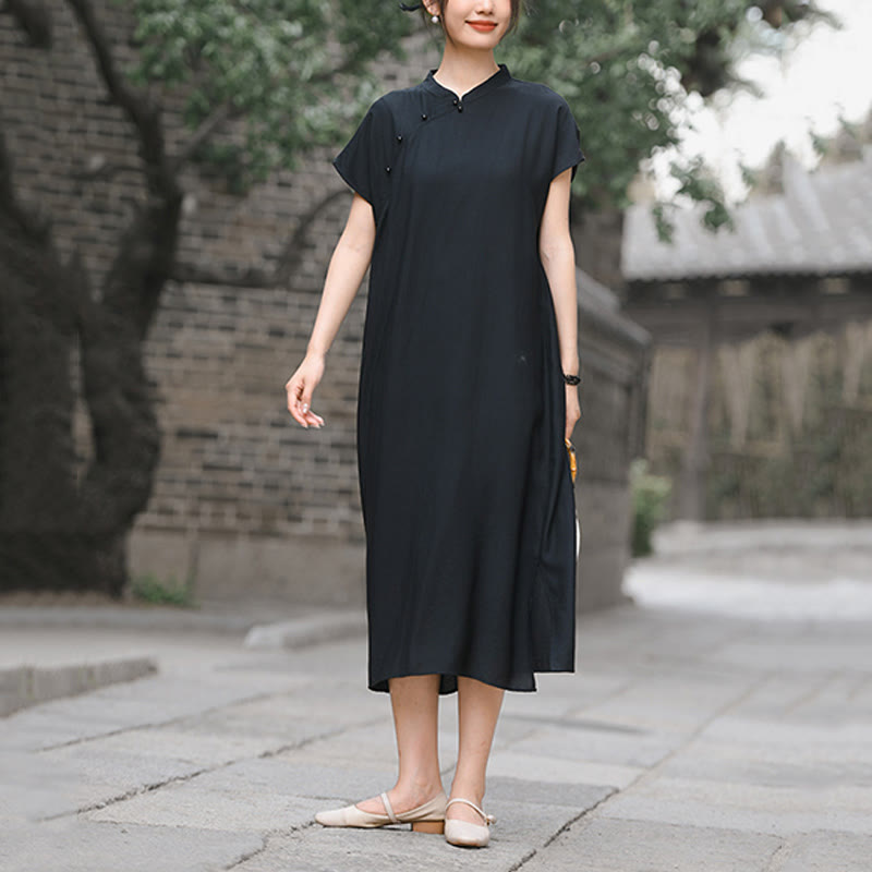 Buddha Stones Plain Cheongsam Lace-Up Design Cotton Linen Short Sleeve Midi Dress - image 19