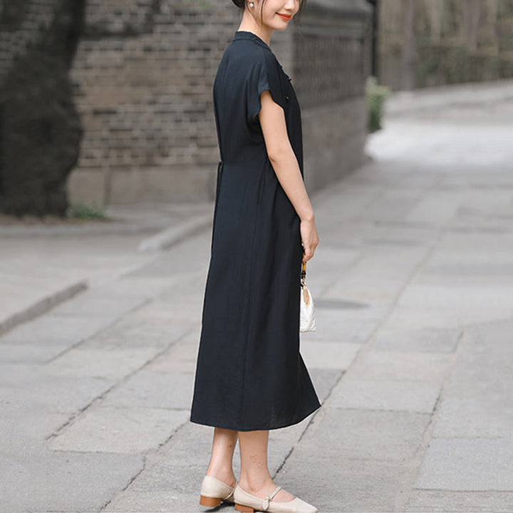 Buddha Stones Plain Cheongsam Lace-Up Design Cotton Linen Short Sleeve Midi Dress - image 18