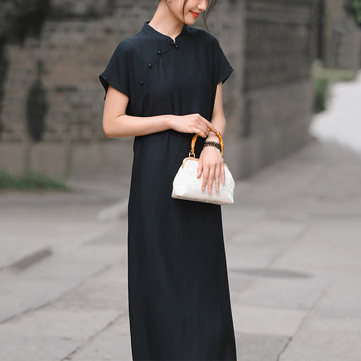 Buddha Stones Plain Cheongsam Lace-Up Design Cotton Linen Short Sleeve Midi Dress - image 22