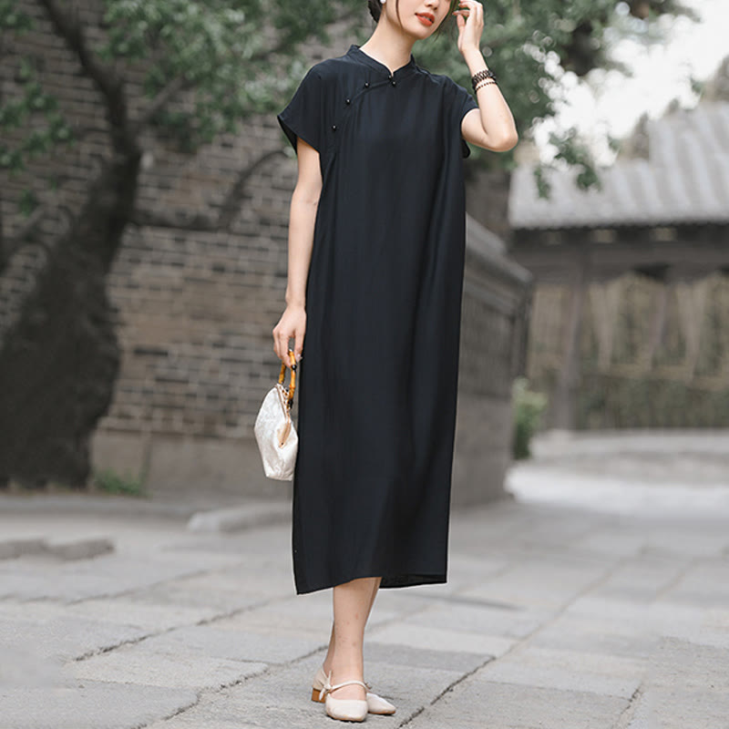 Buddha Stones Plain Cheongsam Lace-Up Design Cotton Linen Short Sleeve Midi Dress - image 17