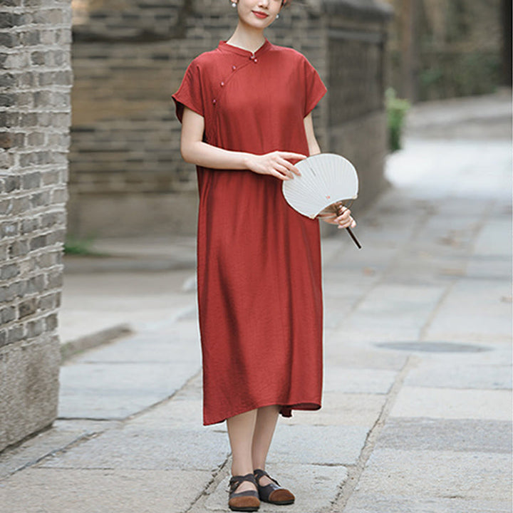 Buddha Stones Plain Cheongsam Lace-Up Design Cotton Linen Short Sleeve Midi Dress - image 5