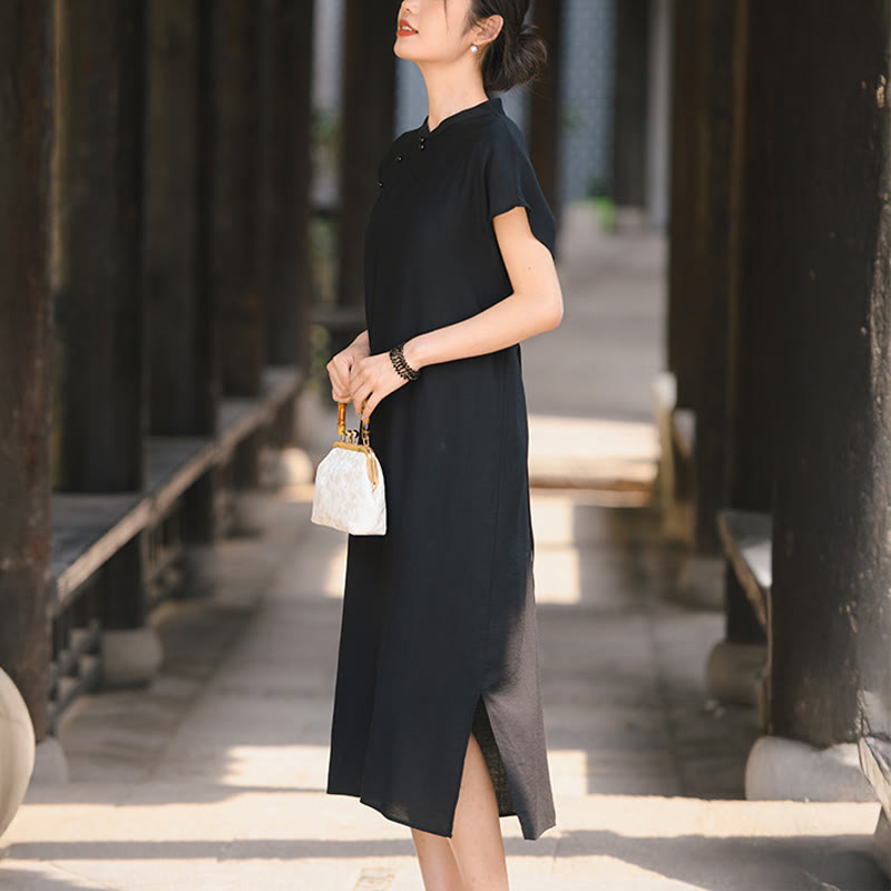 Buddha Stones Plain Cheongsam Lace-Up Design Cotton Linen Short Sleeve Midi Dress - Black - US8-10，UK/AU12-14，EU40-42 (2XL) - image 14