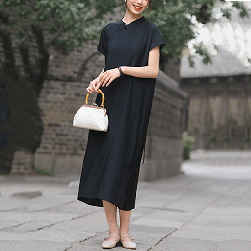 Buddha Stones Plain Cheongsam Lace-Up Design Cotton Linen Short Sleeve Midi Dress - image 21