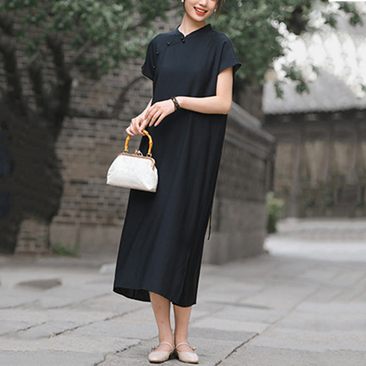 Buddha Stones Plain Cheongsam Lace-Up Design Cotton Linen Short Sleeve Midi Dress - image 21