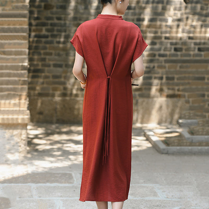 Buddha Stones Plain Cheongsam Lace-Up Design Cotton Linen Short Sleeve Midi Dress - image 3