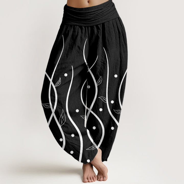 Buddha Stones Cotton Casual Minimalist Vine Leaf Pattern Women's Elastic Waist Harem Pants - Black - US22，UK/AU26，EU54 (6XL) - image 4