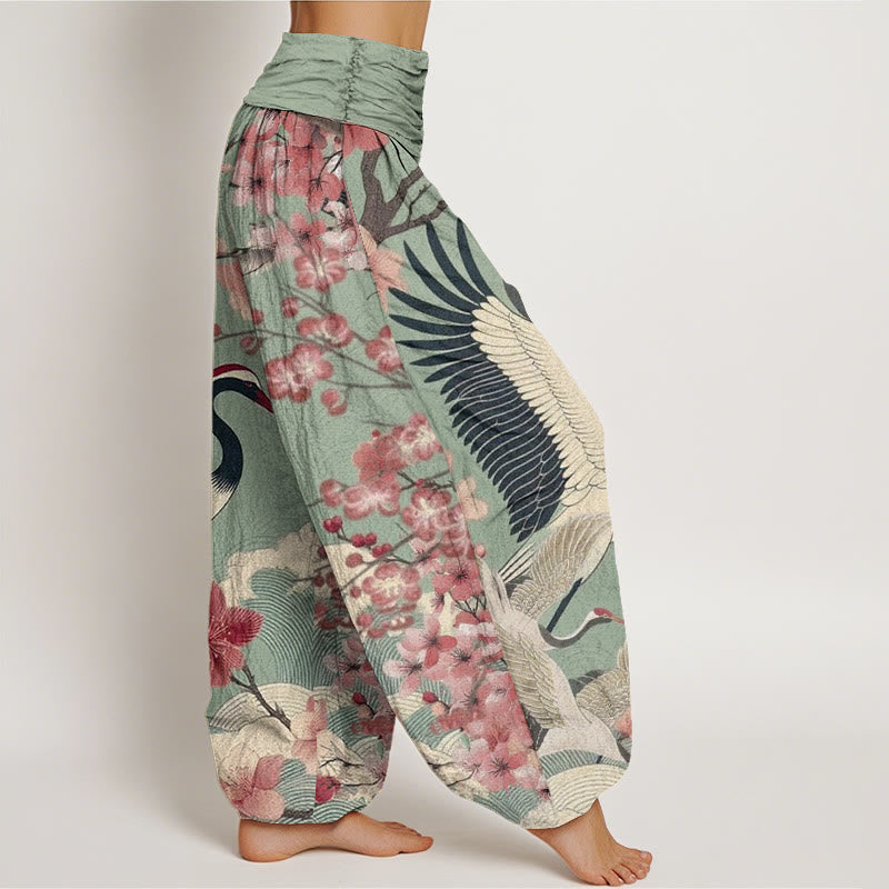 Buddha Stones Casual Crane Cherry Blossom Design Pattern Women's Elastic Waist Harem Pants - image 1