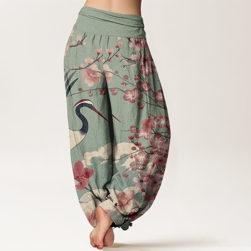 Buddha Stones Casual Crane Cherry Blossom Design Pattern Women's Elastic Waist Harem Pants - image 2