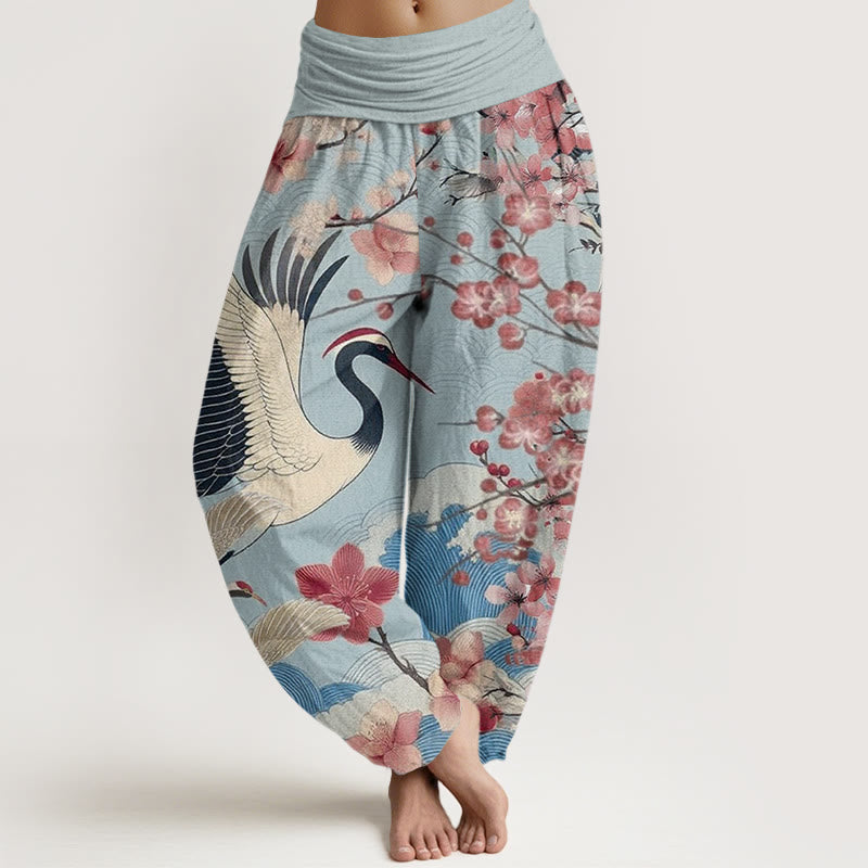 Buddha Stones Casual Crane Cherry Blossom Design Pattern Women's Elastic Waist Harem Pants - SkyBlue - US22，UK/AU26，EU54 (6XL) - image 5