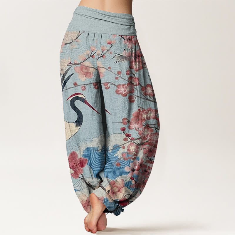 Buddha Stones Casual Crane Cherry Blossom Design Pattern Women's Elastic Waist Harem Pants - image 7
