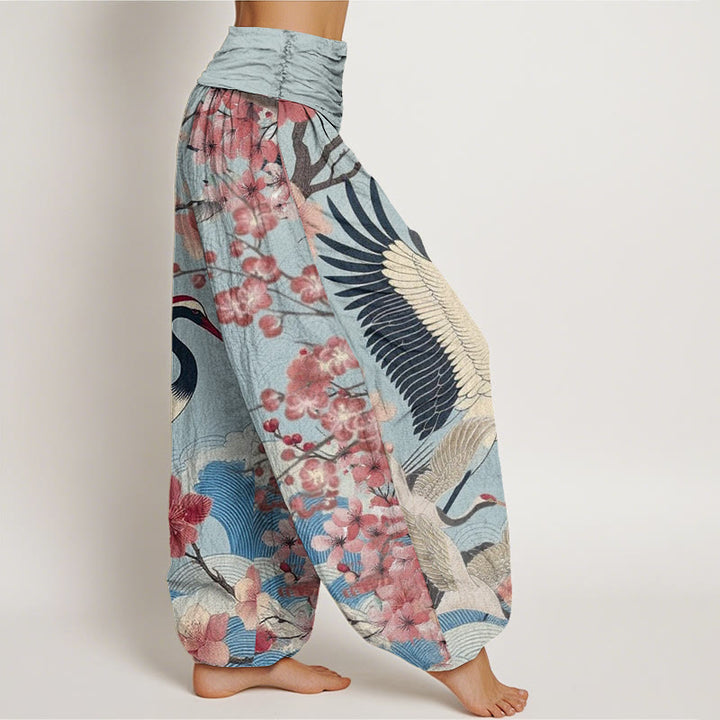 Buddha Stones Cotton Casual Crane Cherry Blossom Design Pattern Women's Elastic Waist Harem Pants - image 5