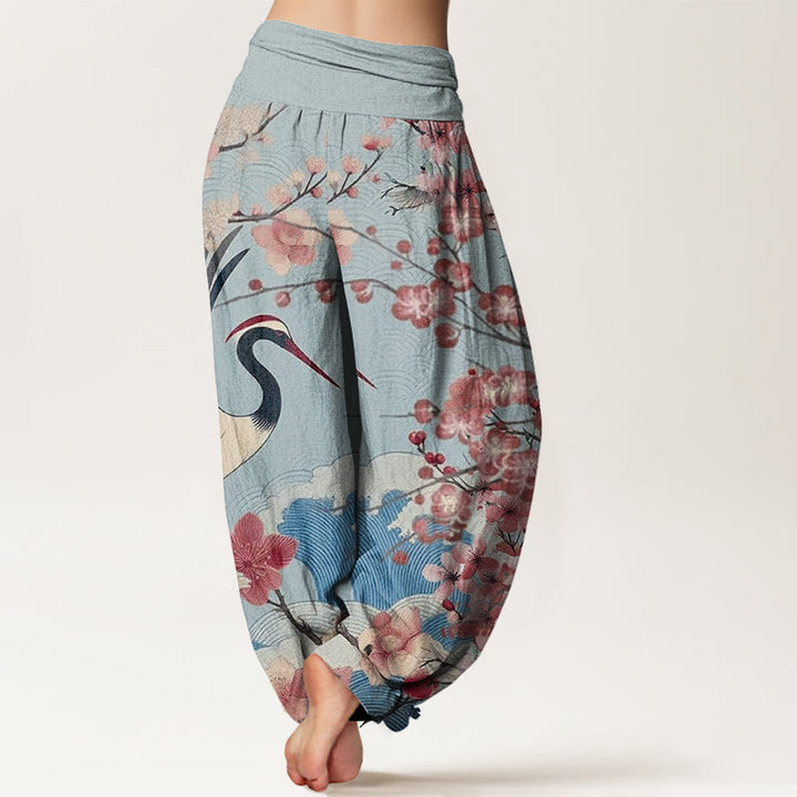 Buddha Stones Cotton Casual Crane Cherry Blossom Design Pattern Women's Elastic Waist Harem Pants - image 6