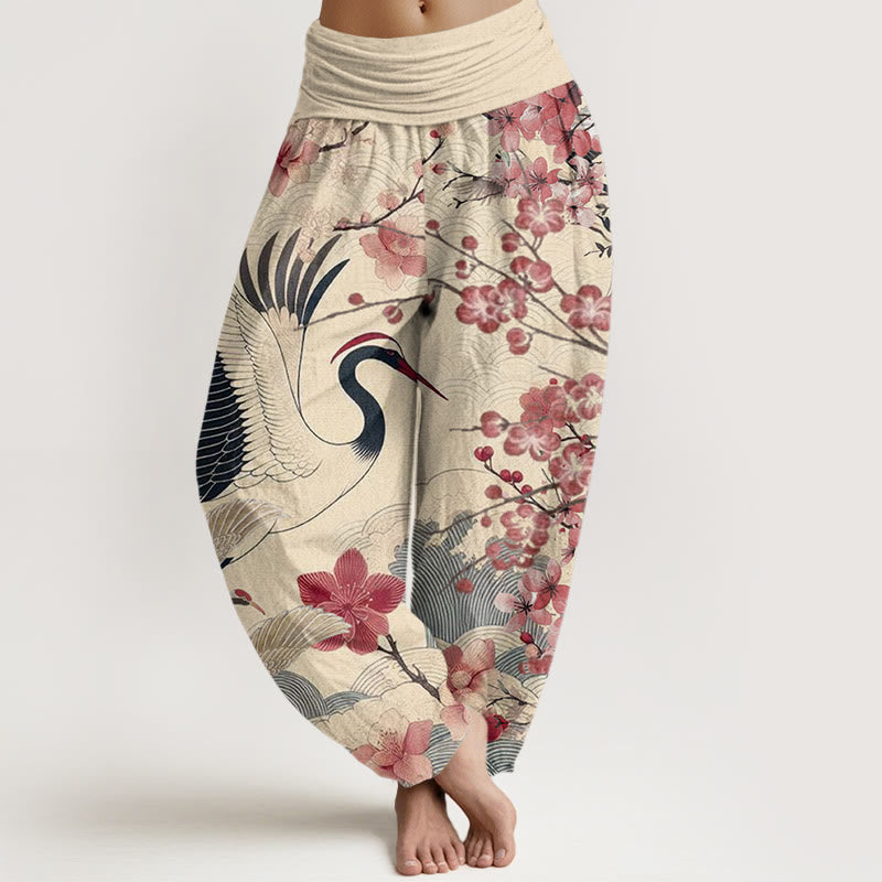 Buddha Stones Cotton Casual Crane Cherry Blossom Design Pattern Women's Elastic Waist Harem Pants - PapayaWhip - US22，UK/AU26，EU54 (6XL) - image 7