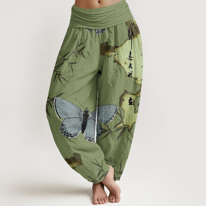 Buddha Stones Casual Butterfly Bamboo Leaf Calligraphy Pattern Women's Elastic Waist Harem Pants - OliveDrab - US22，UK/AU26，EU54 (6XL) - image 1