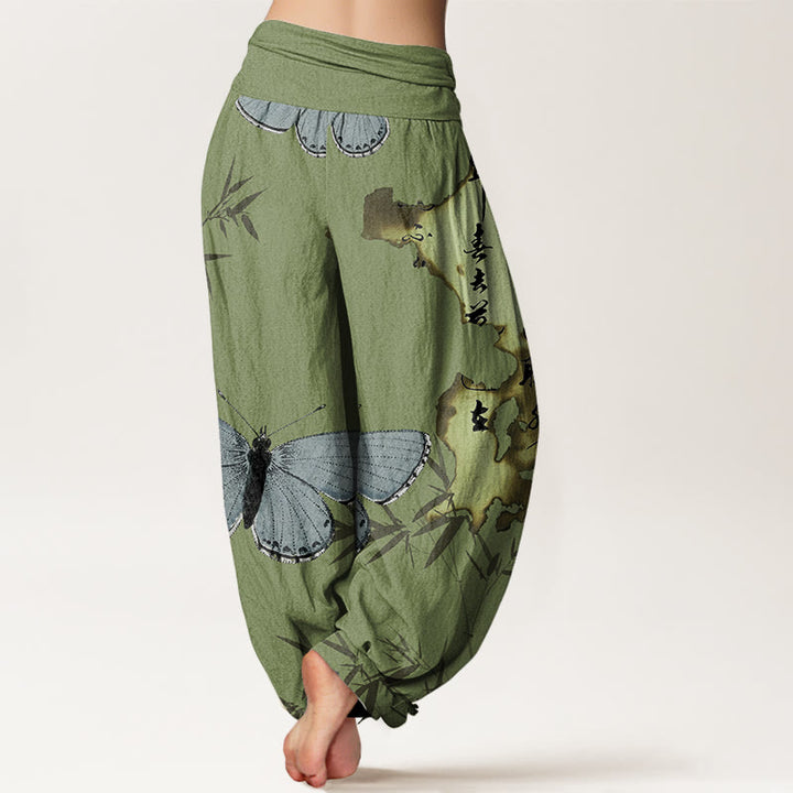 Buddha Stones Casual Butterfly Bamboo Leaf Calligraphy Pattern Women's Elastic Waist Harem Pants - image 3