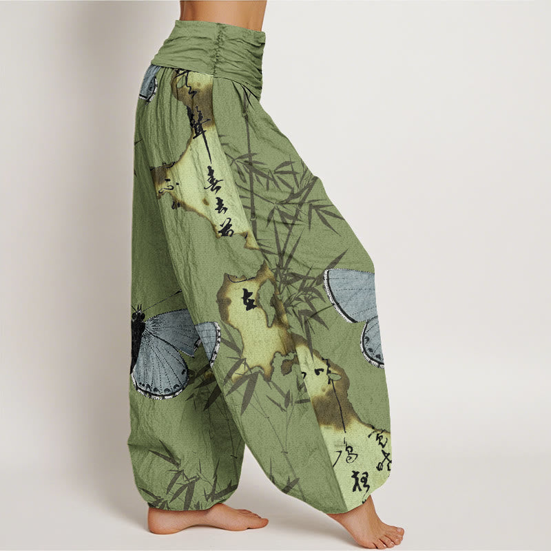 Buddha Stones Casual Butterfly Bamboo Leaf Calligraphy Pattern Women's Elastic Waist Harem Pants - image 1