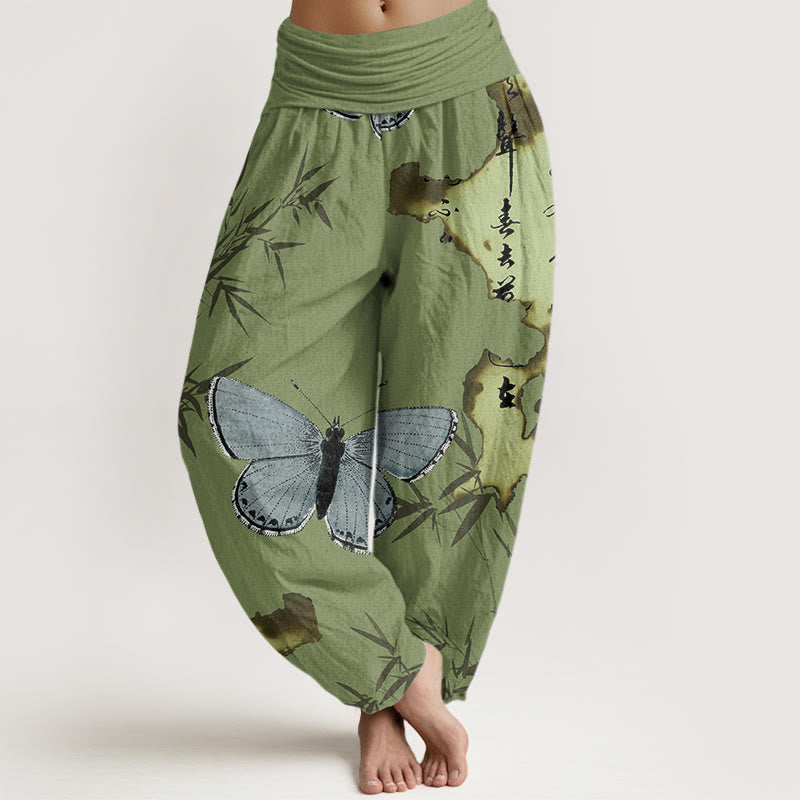 Buddha Stones Casual Butterfly Bamboo Leaf Calligraphy Pattern Women's Elastic Waist Harem Pants - OliveDrab - US22，UK/AU26，EU54 (6XL) - image 0