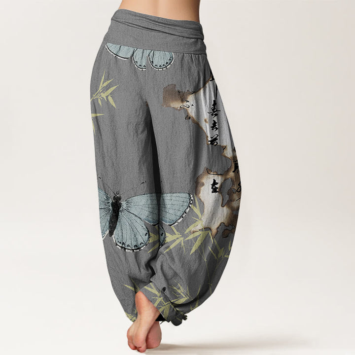 Buddha Stones Casual Butterfly Bamboo Leaf Calligraphy Pattern Women's Elastic Waist Harem Pants - image 7