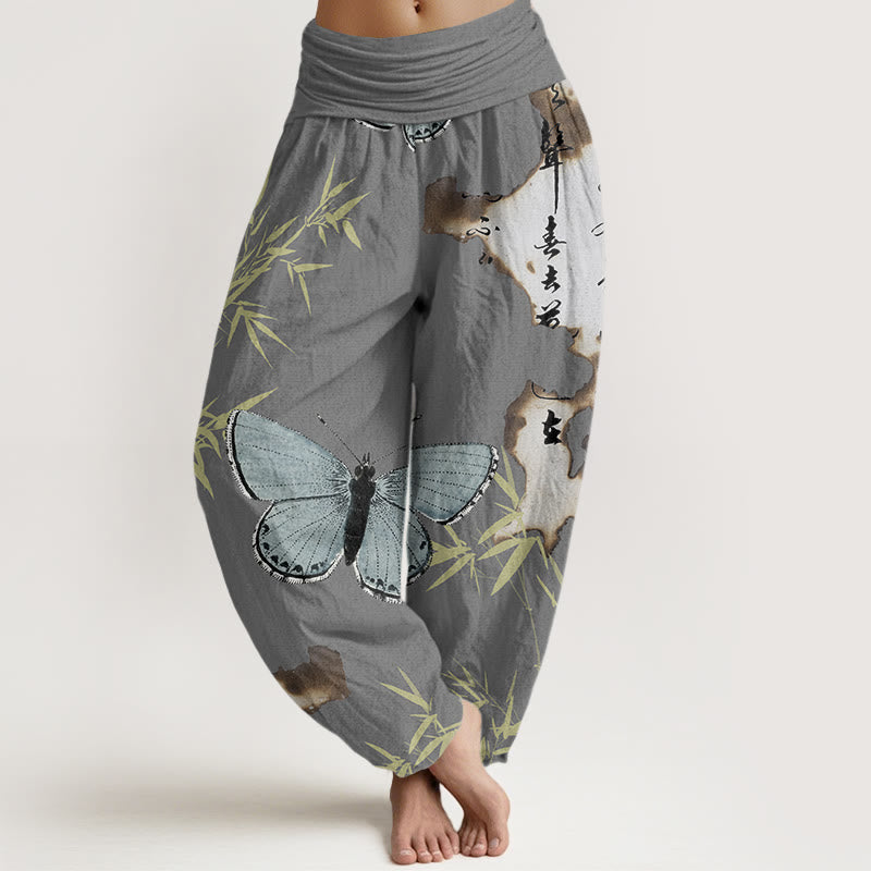 Buddha Stones Cotton Casual Butterfly Bamboo Leaf Calligraphy Pattern Women's Elastic Waist Harem Pants - DarkGray - US22，UK/AU26，EU54 (6XL) - image 4