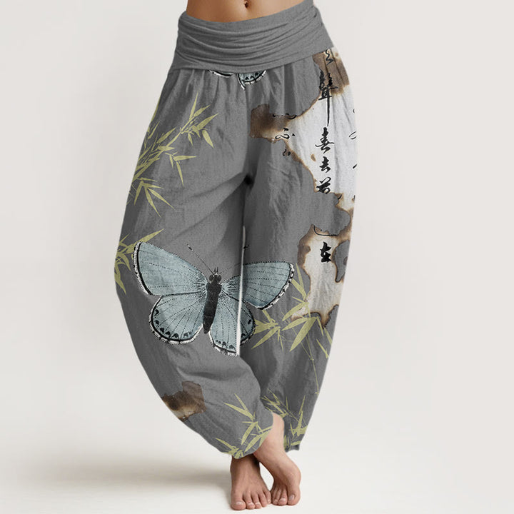 Buddha Stones Cotton Casual Butterfly Bamboo Leaf Calligraphy Pattern Women's Elastic Waist Harem Pants - DarkGray - US22，UK/AU26，EU54 (6XL) - image 4