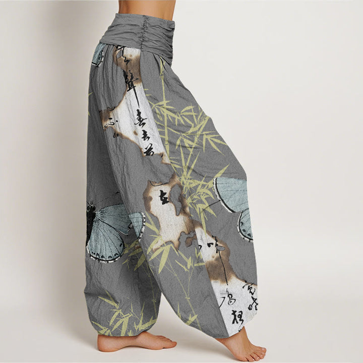 Buddha Stones Casual Butterfly Bamboo Leaf Calligraphy Pattern Women's Elastic Waist Harem Pants - image 5