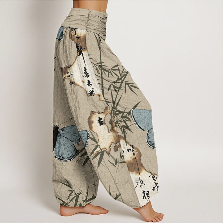 Buddha Stones Casual Butterfly Bamboo Leaf Calligraphy Pattern Women's Elastic Waist Harem Pants - image 9