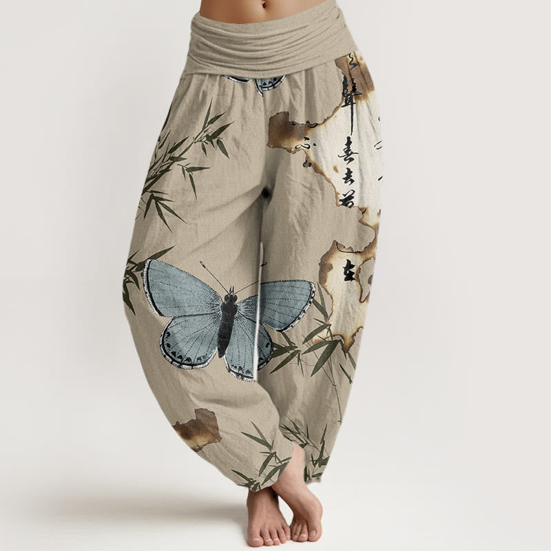 Buddha Stones Casual Butterfly Bamboo Leaf Calligraphy Pattern Women's Elastic Waist Harem Pants - Tan - US22，UK/AU26，EU54 (6XL) - image 8