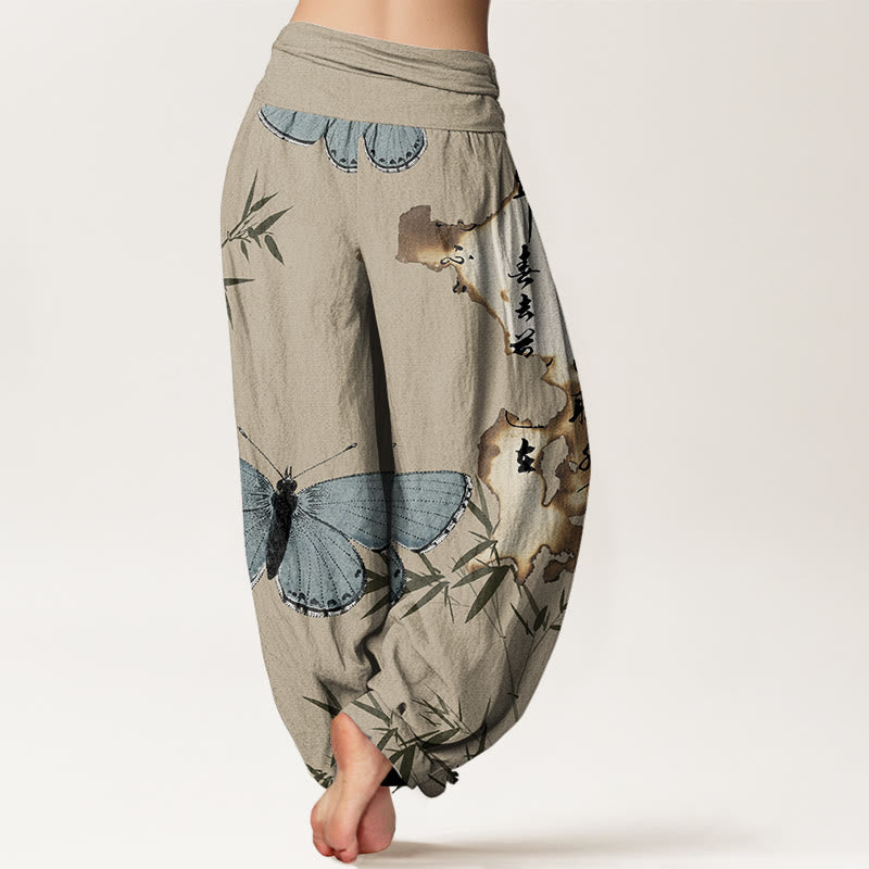 Buddha Stones Casual Butterfly Bamboo Leaf Calligraphy Pattern Women's Elastic Waist Harem Pants - image 10