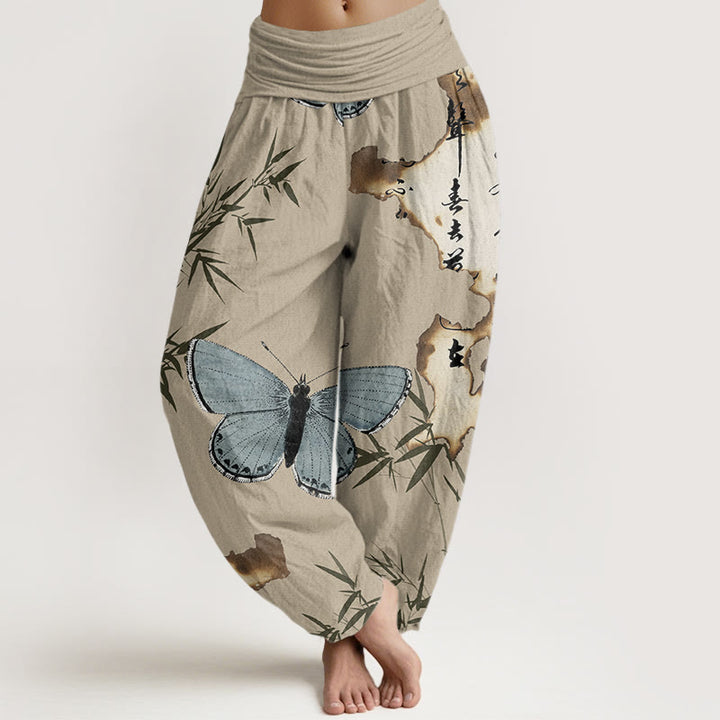 Buddha Stones Casual Butterfly Bamboo Leaf Calligraphy Pattern Women's Elastic Waist Harem Pants - Tan - US22，UK/AU26，EU54 (6XL) - image 7