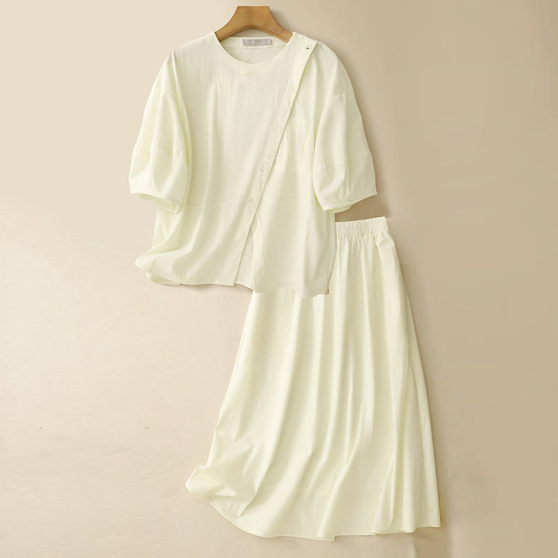 Buddha Stones 2pcs Irregular Button Design Shirt Skirt With Pockets Cotton Clothing Women's Set - LightYellow - US8-10，UK/AU12-14，EU40-42 (2XL) - image 22