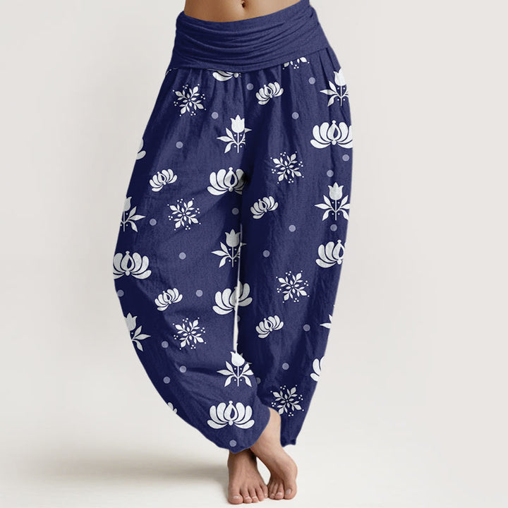 Buddha Stones Cotton Casual Lotus Small Dots Pattern Women's Elastic Waist Harem Pants - DarkBlue - US22，UK/AU26，EU54 (6XL) - image 0