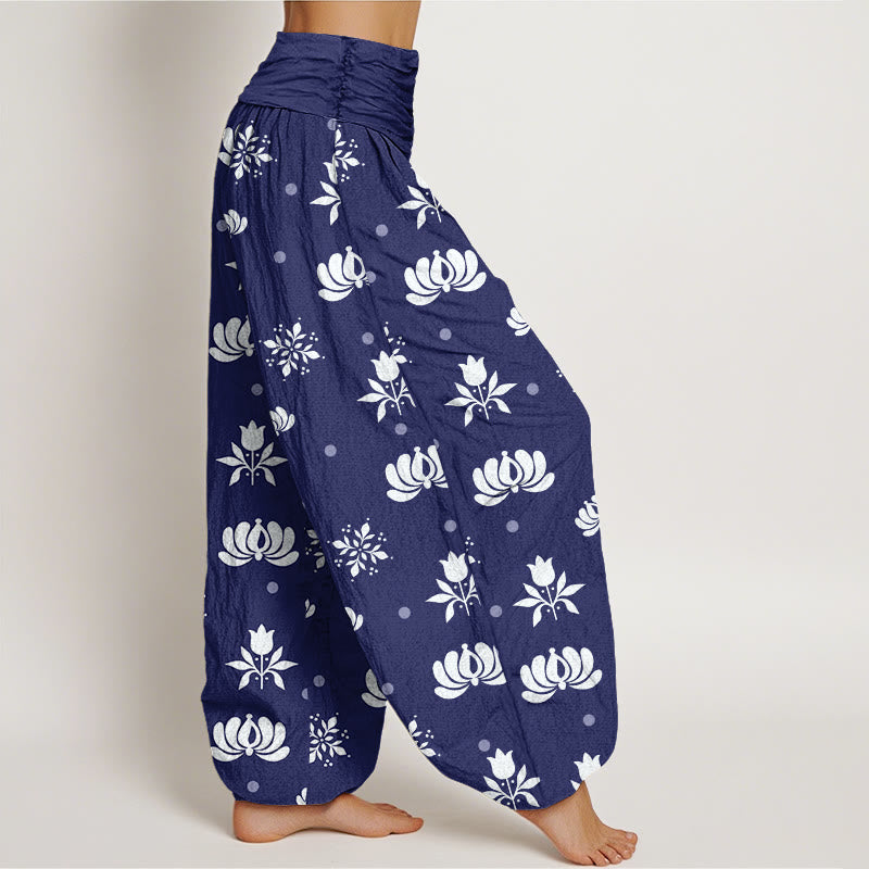 Buddha Stones Casual Lotus Small Dots Pattern Women's Elastic Waist Harem Pants - image 2