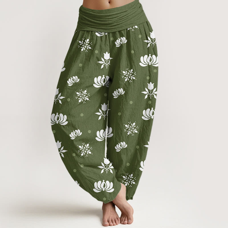 Buddha Stones Casual Lotus Small Dots Pattern Women's Elastic Waist Harem Pants - OliveDrab - US22，UK/AU26，EU54 (6XL) - image 4