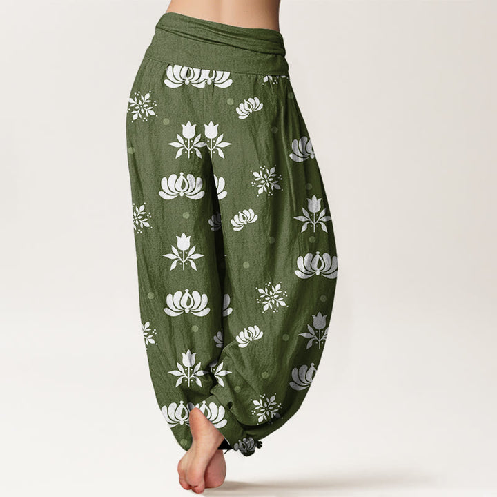 Buddha Stones Cotton Casual Lotus Small Dots Pattern Women's Elastic Waist Harem Pants - image 6