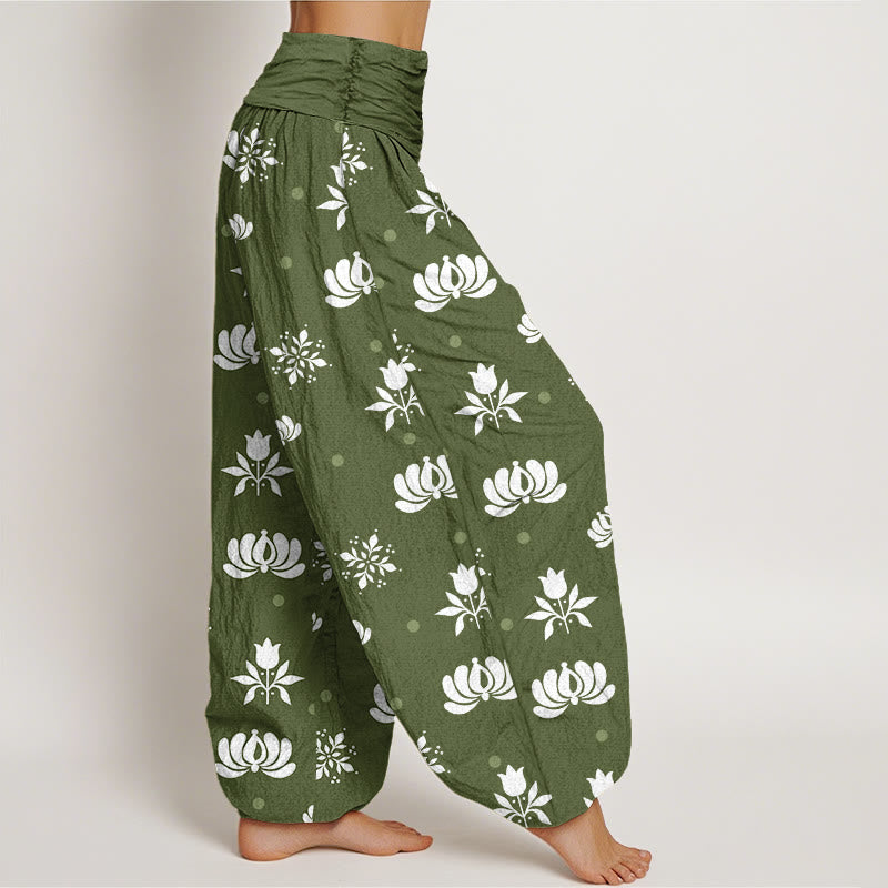 Buddha Stones Casual Lotus Small Dots Pattern Women's Elastic Waist Harem Pants - image 5