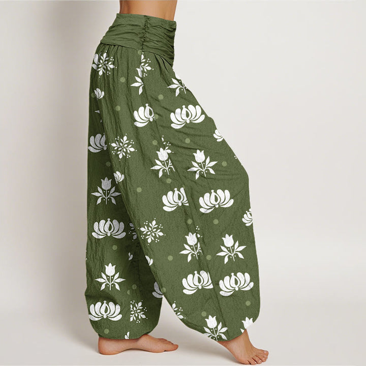 Buddha Stones Casual Lotus Small Dots Pattern Women's Elastic Waist Harem Pants - image 5