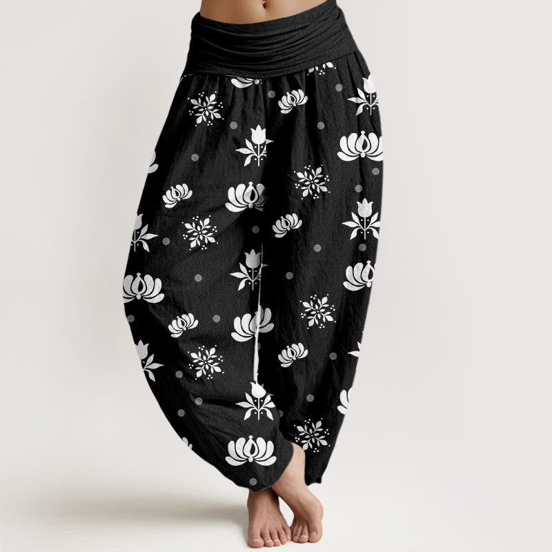 Buddha Stones Casual Lotus Small Dots Pattern Women's Elastic Waist Harem Pants - Black - US22，UK/AU26，EU54 (6XL) - image 8