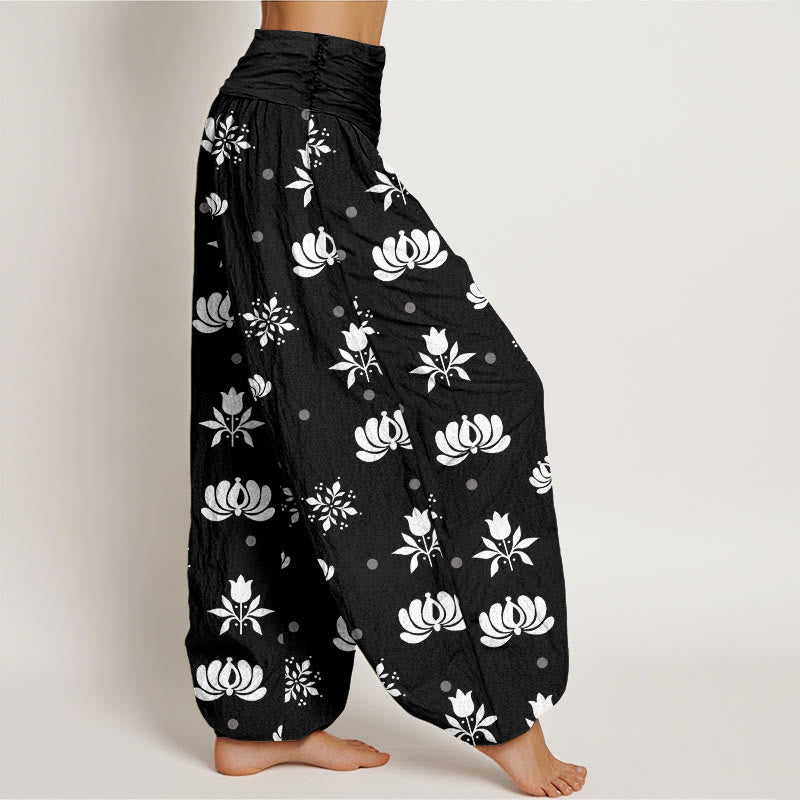 Buddha Stones Casual Lotus Small Dots Pattern Women's Elastic Waist Harem Pants - image 9