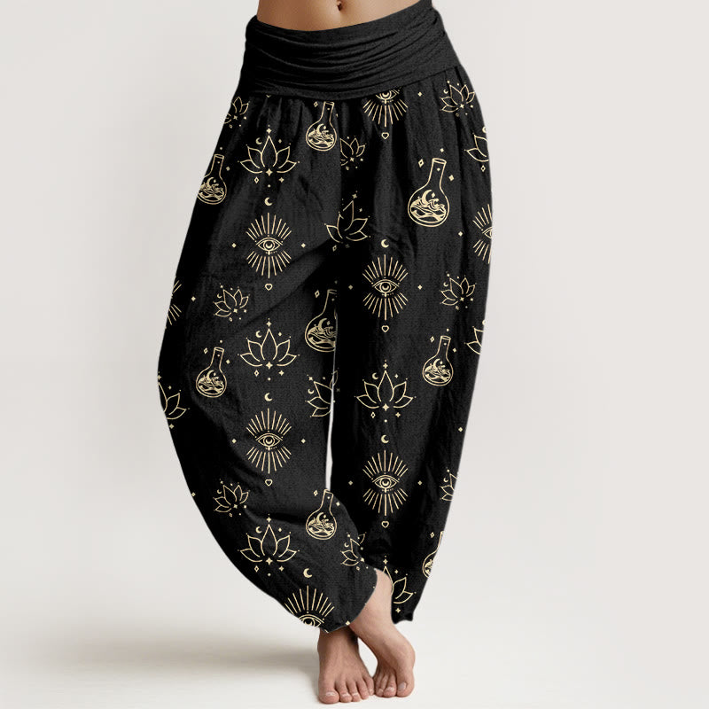 Buddha Stones Casual Lotus Eye Of Horus Pattern Women's Elastic Waist Harem Pants - Black - US22，UK/AU26，EU54 (6XL) - image 1