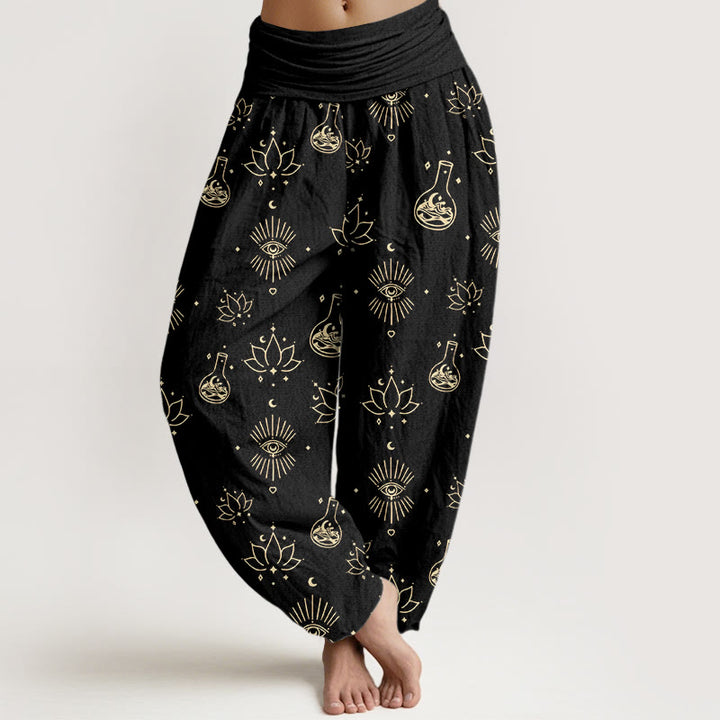 Buddha Stones Casual Lotus Eye Of Horus Pattern Women's Elastic Waist Harem Pants - Black - US22，UK/AU26，EU54 (6XL) - image 1