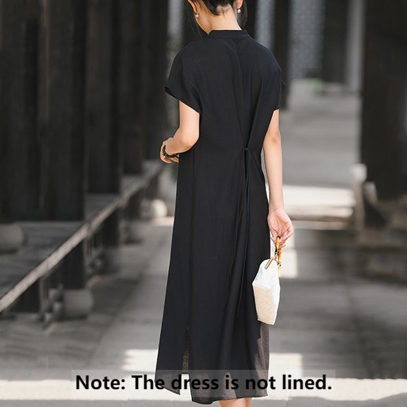Buddha Stones Plain Cheongsam Lace-Up Design Cotton Linen Short Sleeve Midi Dress - image 15