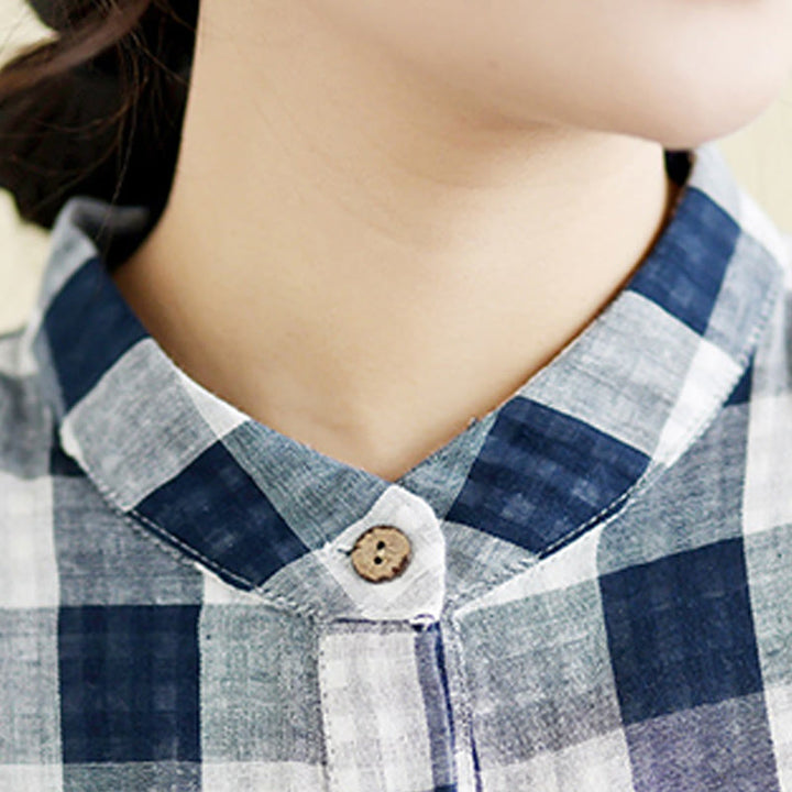 Buddha Stones Plaid Pattern Half Sleeve Cotton Linen Midi Dress With Pockets - image 13