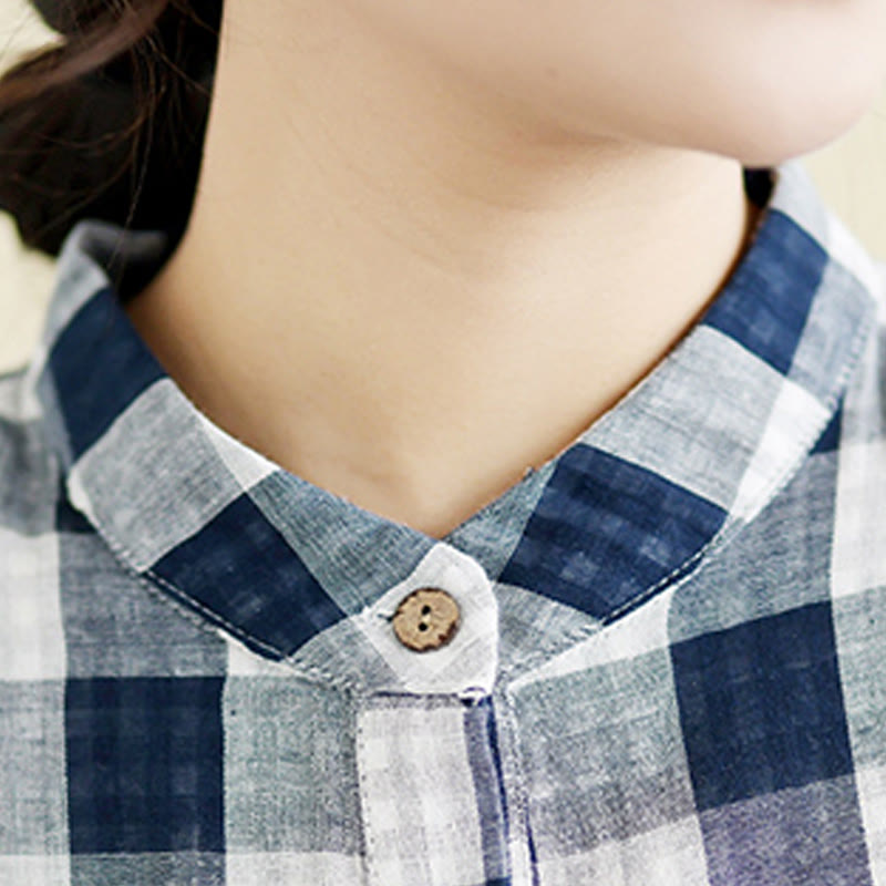 Buddha Stones Plaid Pattern Half Sleeve Cotton Linen Midi Dress With Pockets - image 14