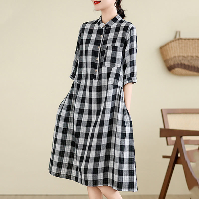 Buddha Stones Plaid Pattern Half Sleeve Cotton Linen Midi Dress With Pockets - image 12